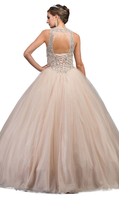 Dancing Queen - 1205 Beaded Illusion Halter Ballgown In Champagne & Gold