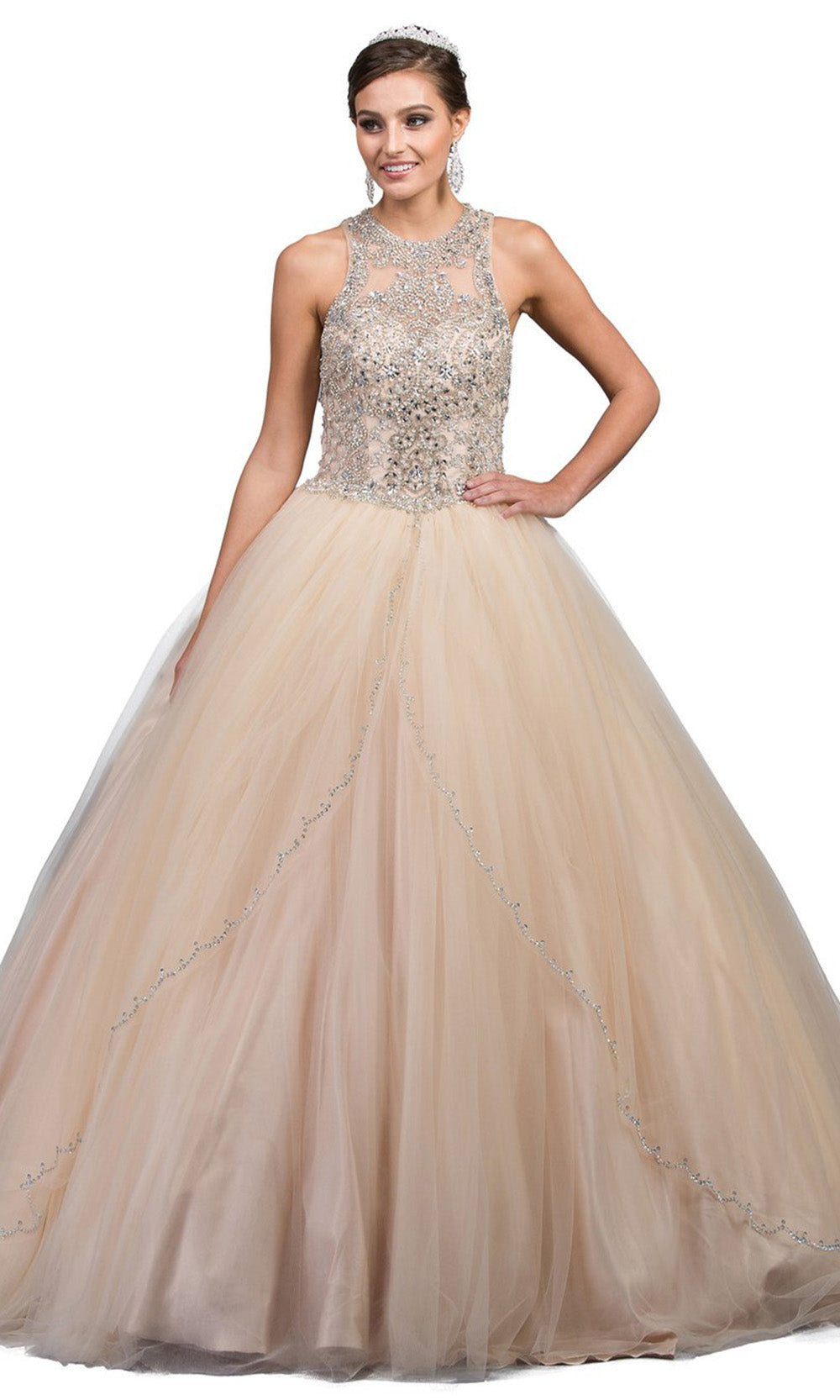Dancing Queen - 1205 Beaded Illusion Halter Ballgown In Champagne & Gold