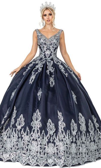 Dancing Queen - 1551 Beaded V-Neck Embroidery Applique Ballgown In Blue