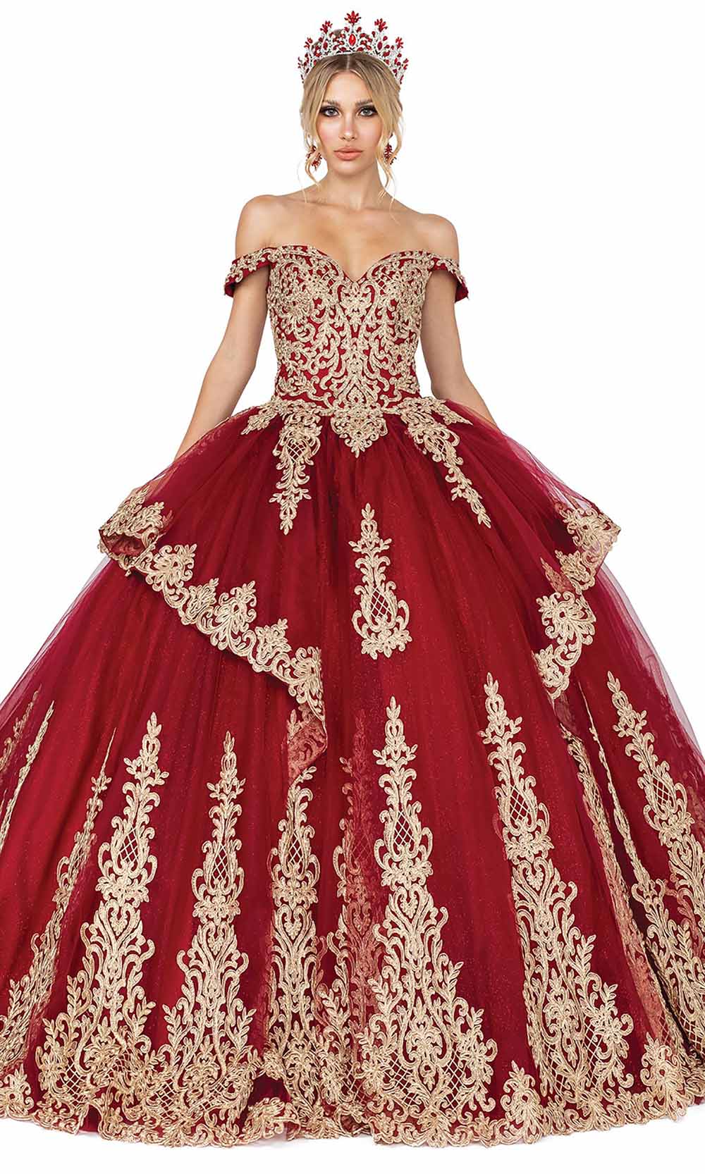 Dancing Queen - 1571 Gilt Lace Trimmed Ballgown In Burgundy
