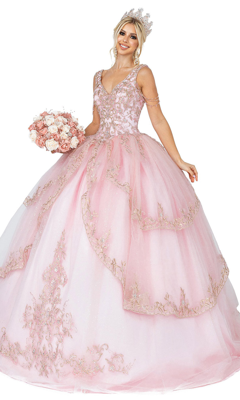 Dancing Queen - 1573 Bead-Garland Glitter Gown In Pink