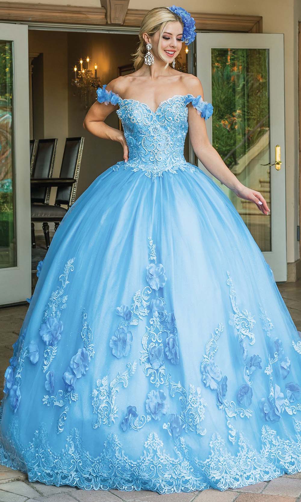 Dancing Queen - 1582 Applique Off Shoulder Ballgown In Blue