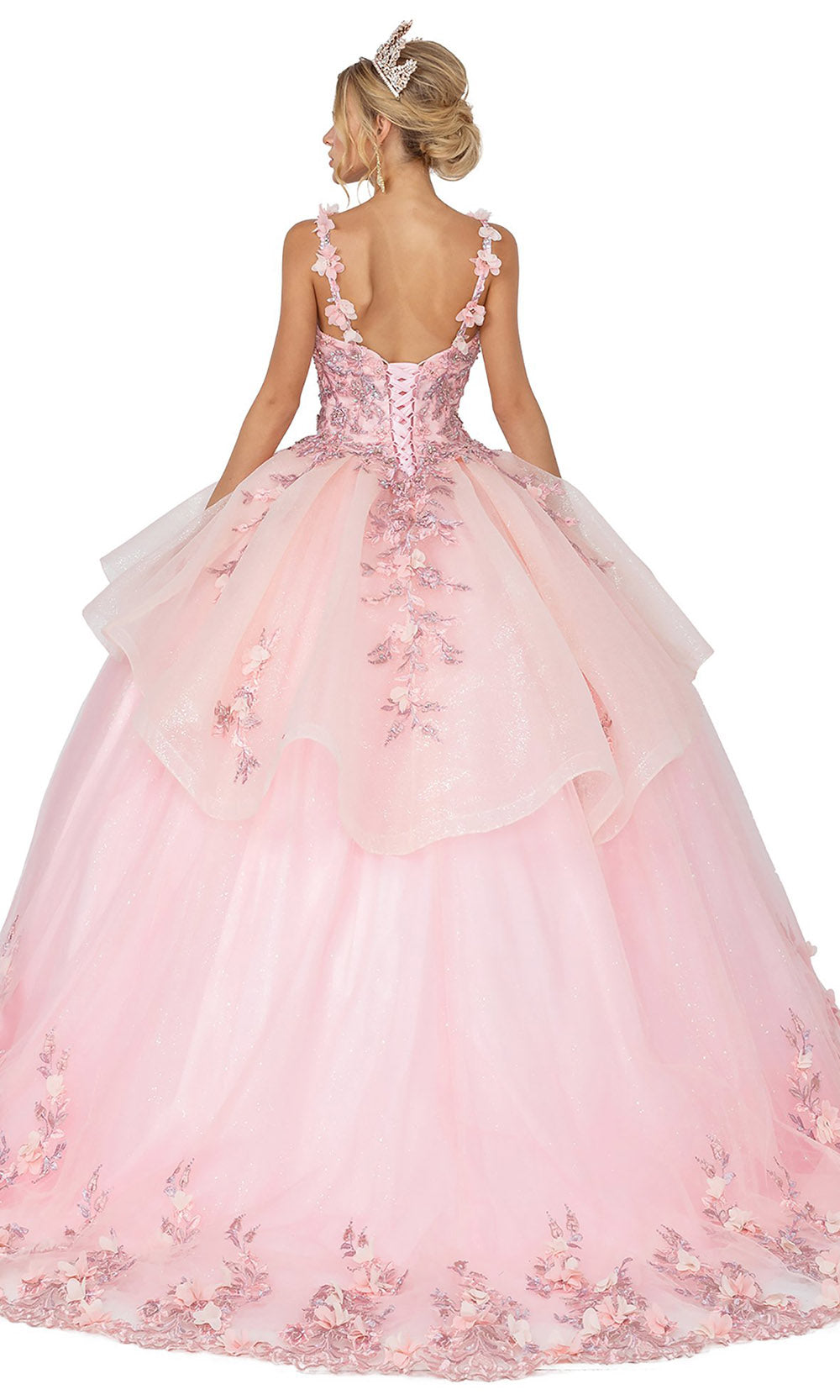 Dancing Queen - 1583 Floral Applique Tiered Gown In Pink