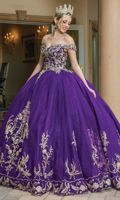 Dancing Queen - 1596 Off Shoulder Embroidered Ballgown In Purple