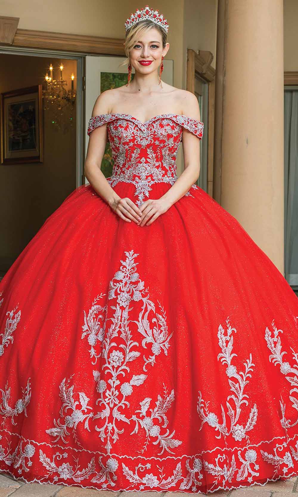 Dancing Queen - 1596 Off Shoulder Embroidered Ballgown In Red