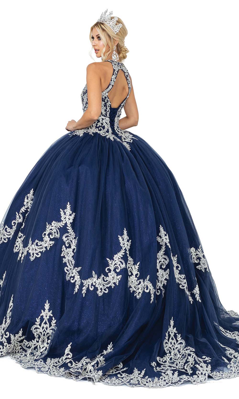 Dancing Queen - 1607 Metallic Applique Halter Gown In Blue