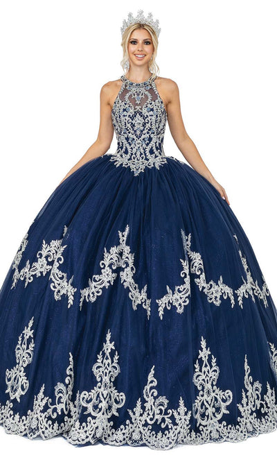 Dancing Queen - 1607 Metallic Applique Halter Gown In Blue