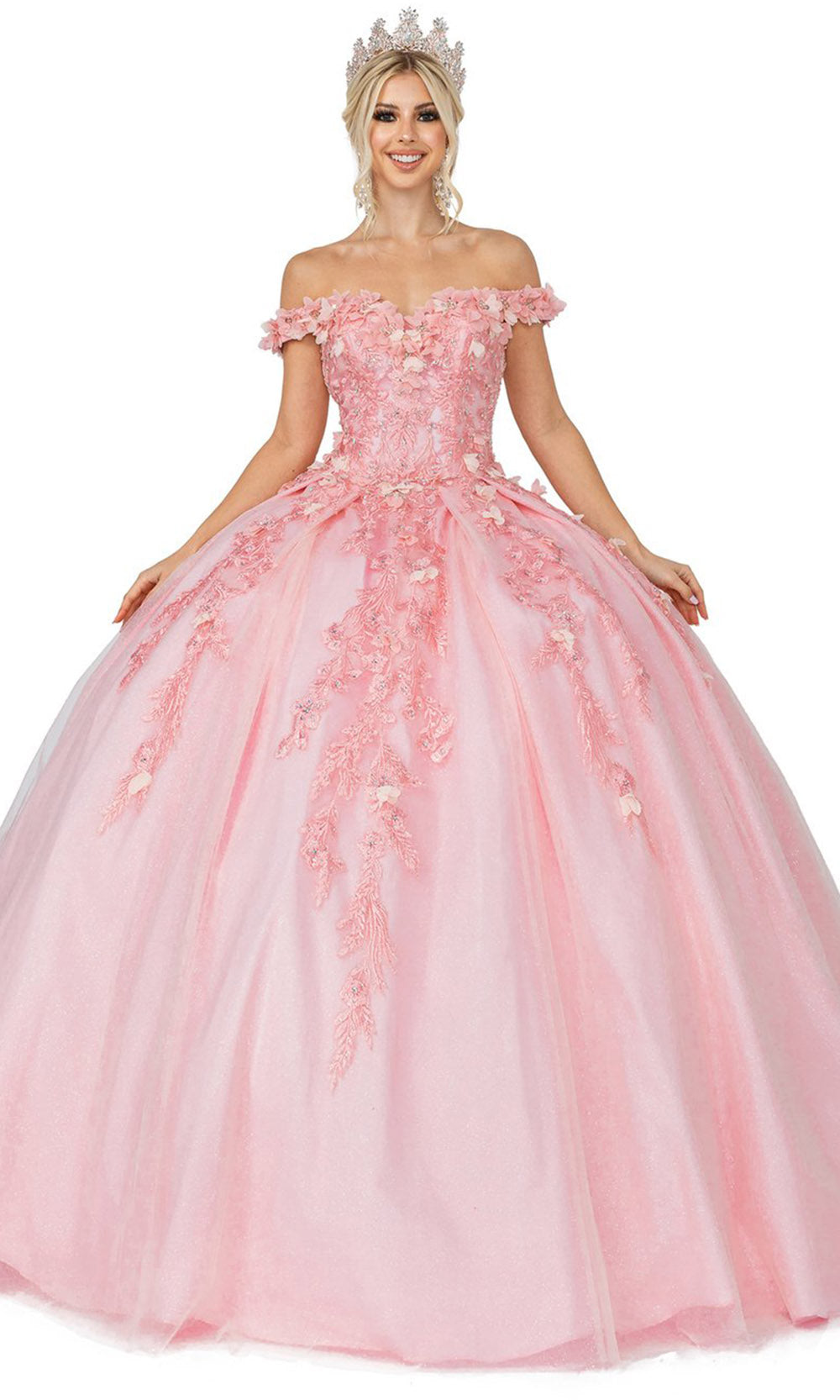 Dancing Queen - 1620 Floral Applique Glittered Ballgown In Pink