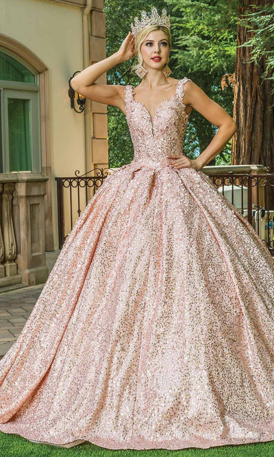 Dancing Queen - 1624 Plunging Neck Sequined Ballgown In Pink and Gold