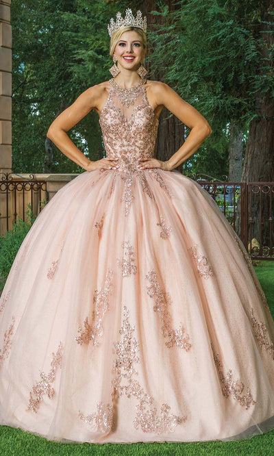 Dancing Queen - 1628 Bejeweled Halter Tulle Ballgown In Pink and Gold