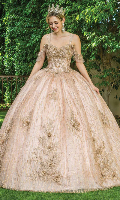 Dancing Queen - 1633 Floral Detailed Glittery Long Gown In Pink and Gold
