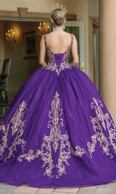 Dancing Queen - 1635 Scallop V Neck Bedazzled Gown In Purple