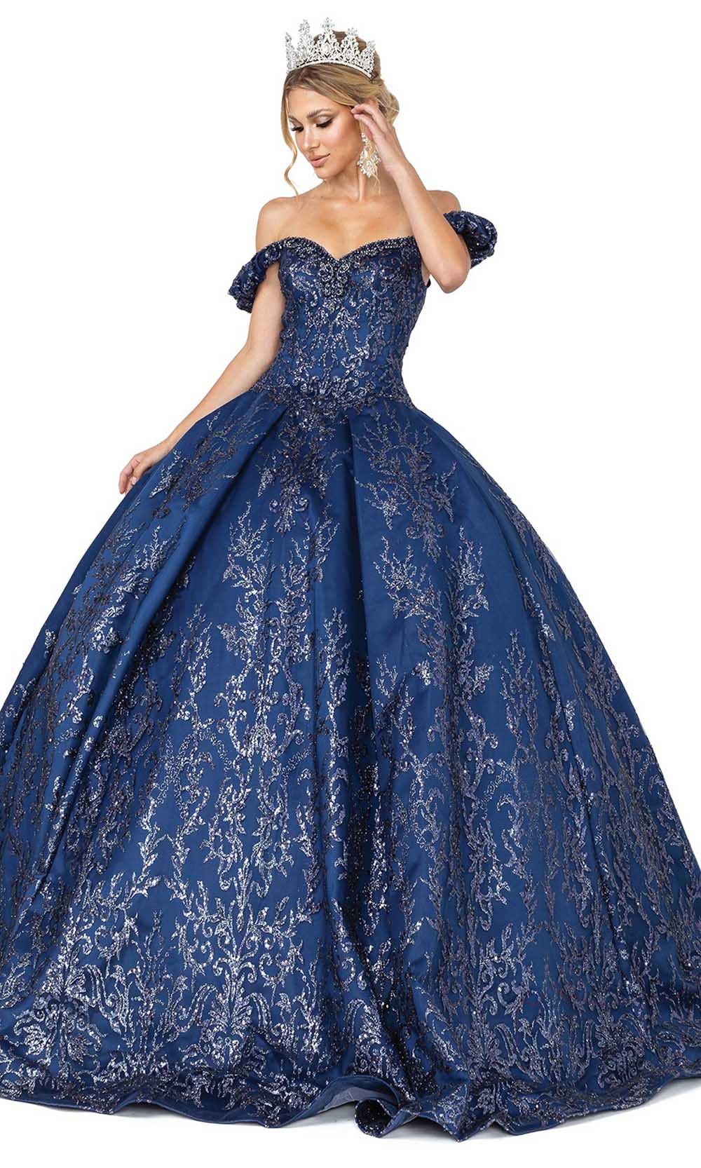 Dancing Queen - 1643 Off Shoulder Beaded Glittery Ballgown In Blue