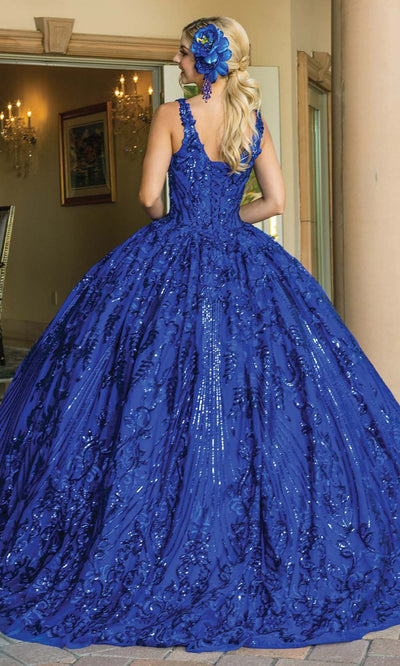 Dancing Queen - 1649 Bedazzled V Neck Long Fit And Flare Gown In Blue