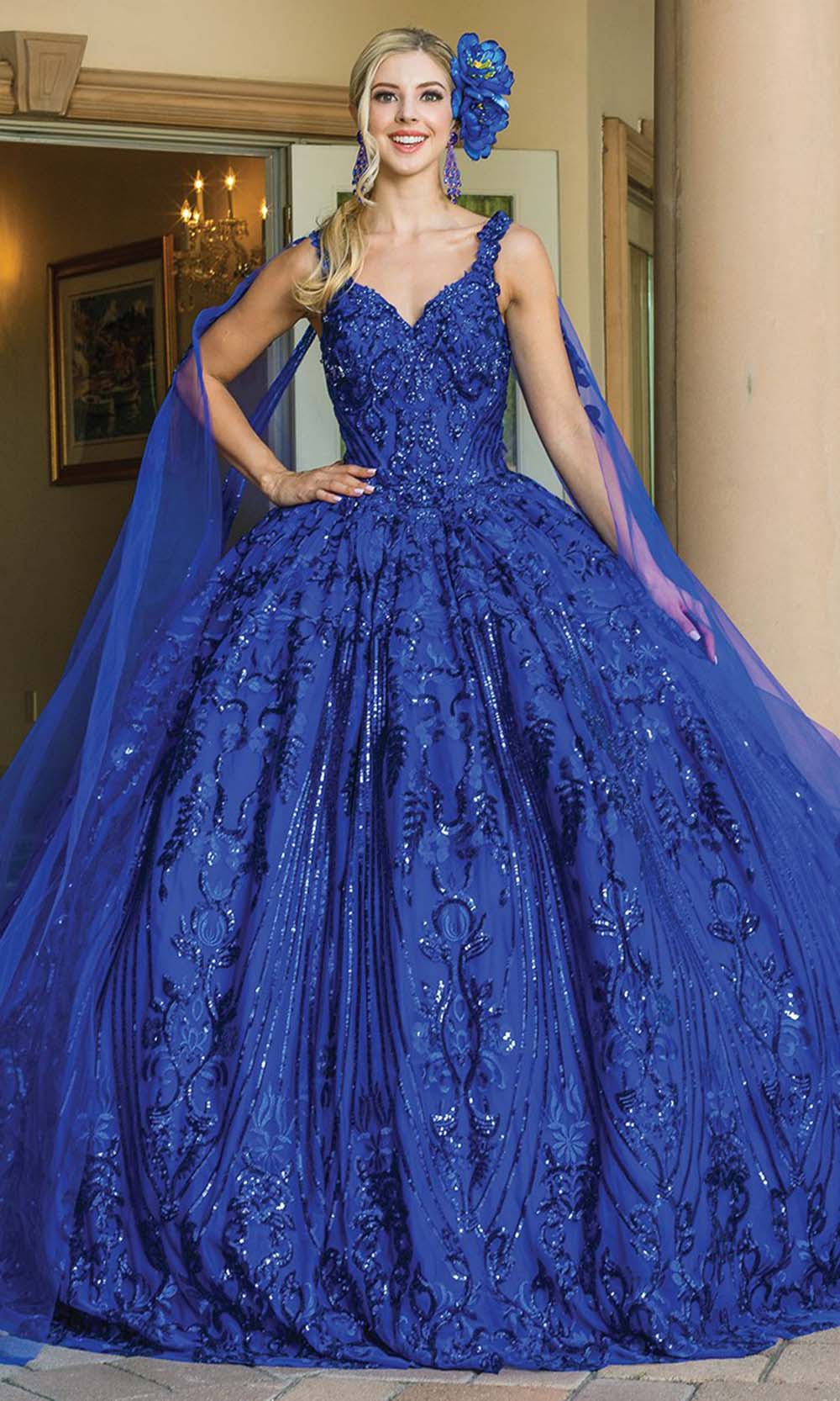 Dancing Queen - 1649 Bedazzled V Neck Long Fit And Flare Gown In Blue