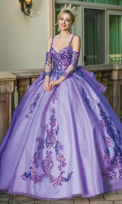 Dancing Queen - 1652 Plunging Neck Lace-Up Back Bow Accent Ballgown In Purple