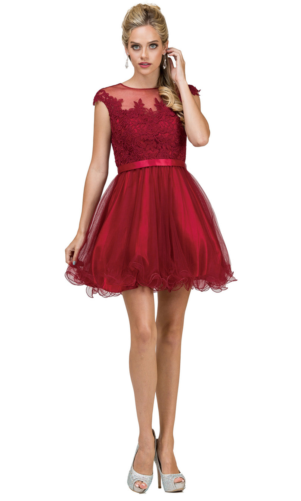 Dancing Queen - 2153 Illusion Neckline Lace Bodice A-Line Dress In Burgundygrade 8 grad dresses, graduation dresses