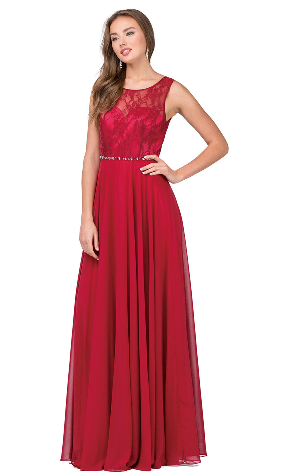 Dancing Queen - 2240 Illusion Neckline Lace Bodice A-Line Gown In Burgundy