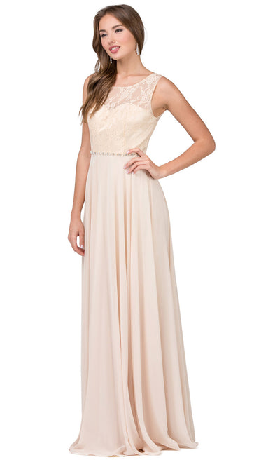 Dancing Queen - 2240 Illusion Neckline Lace Bodice A-Line Gown In Champagne & Gold