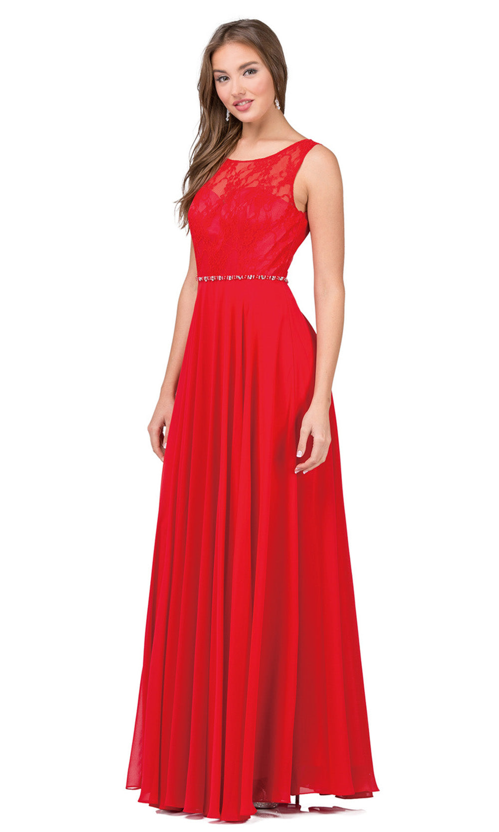 Dancing Queen - 2240 Illusion Neckline Lace Bodice A-Line Gown In Red