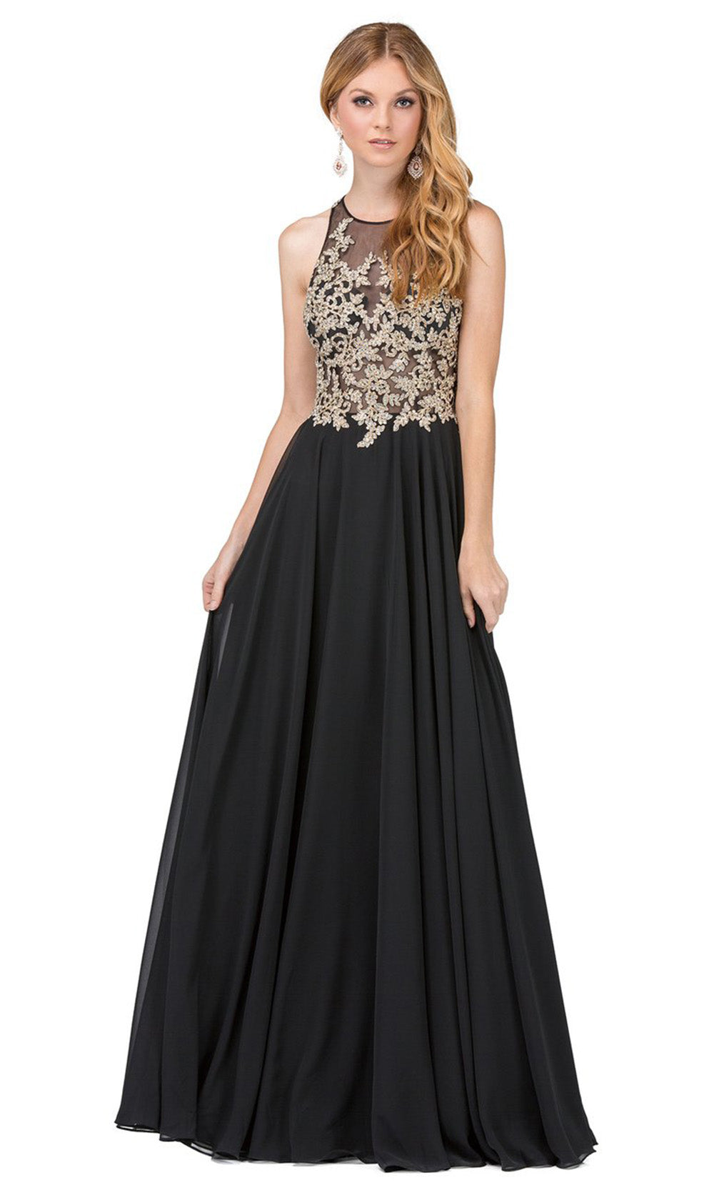 Dancing Queen - 2251 Appliqued Illusion Jewel Chiffon Dress In Black
