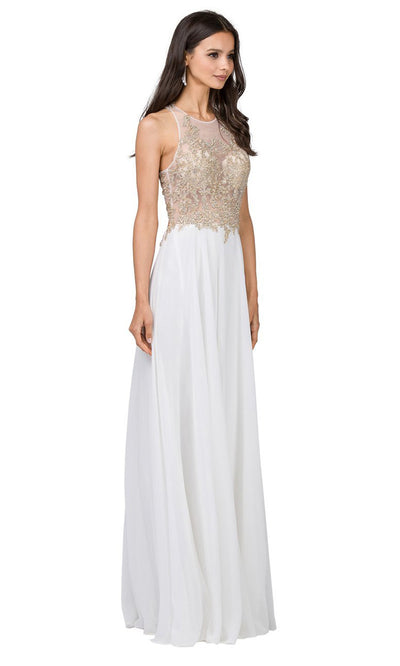 Dancing Queen - 2251 Appliqued Illusion Jewel Chiffon Dress In White & Ivory