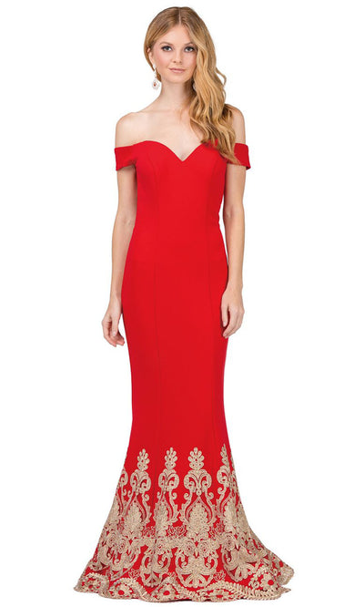 Dancing Queen - 2263 Embroidered Off Shoulder Mermaid Dress In Red
