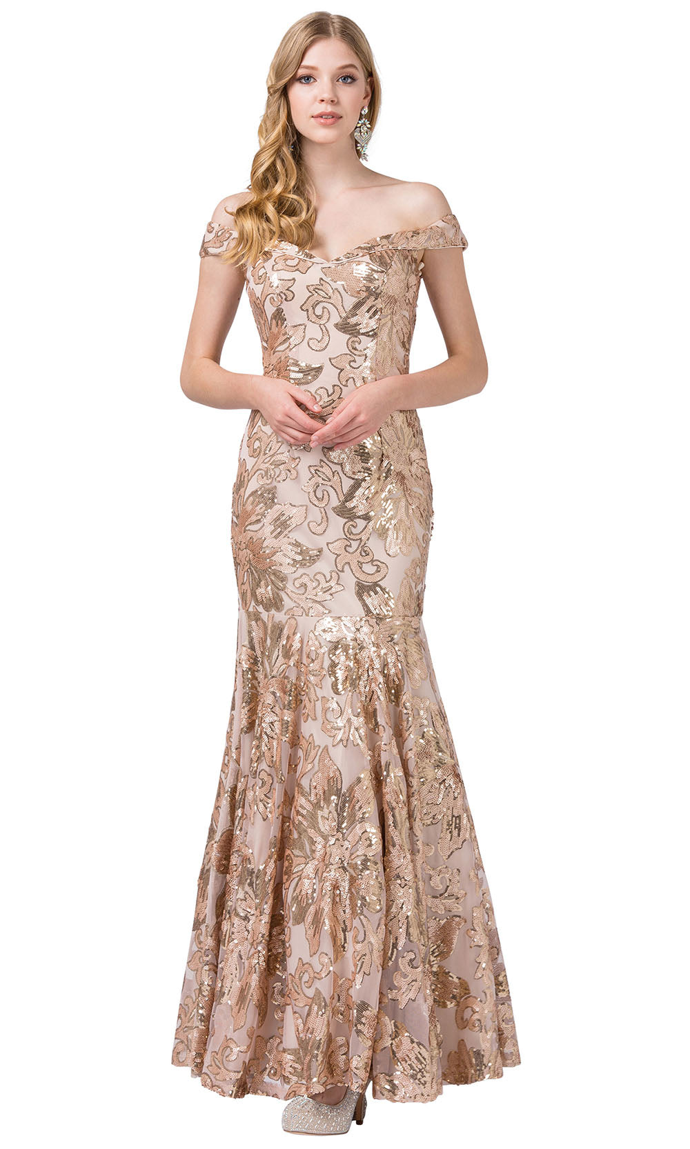 Dancing Queen - 2481 Embellished Off Shoulder Trumpet Dress In Neutral