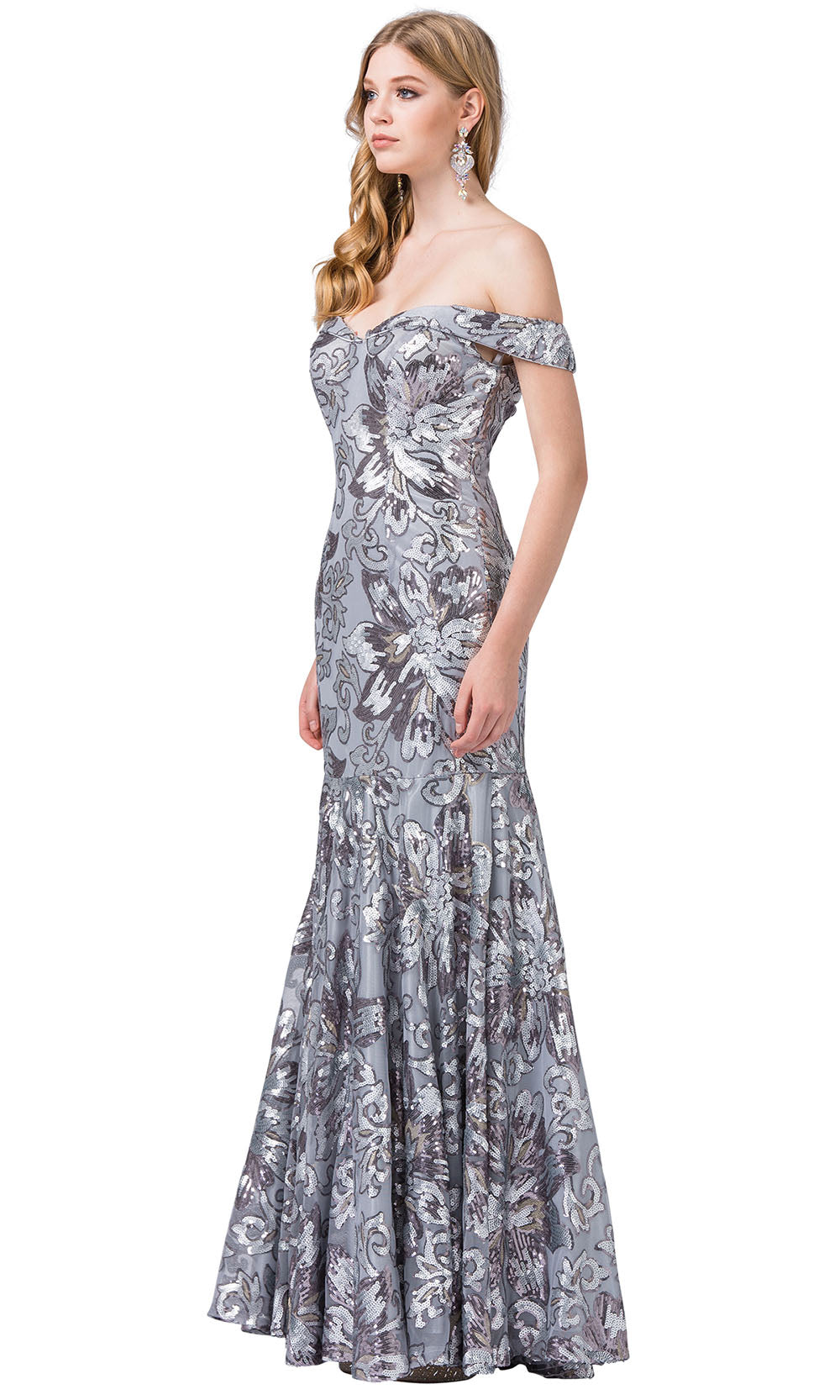 Dancing Queen - 2481 Embellished Off Shoulder Trumpet Dress In Silver