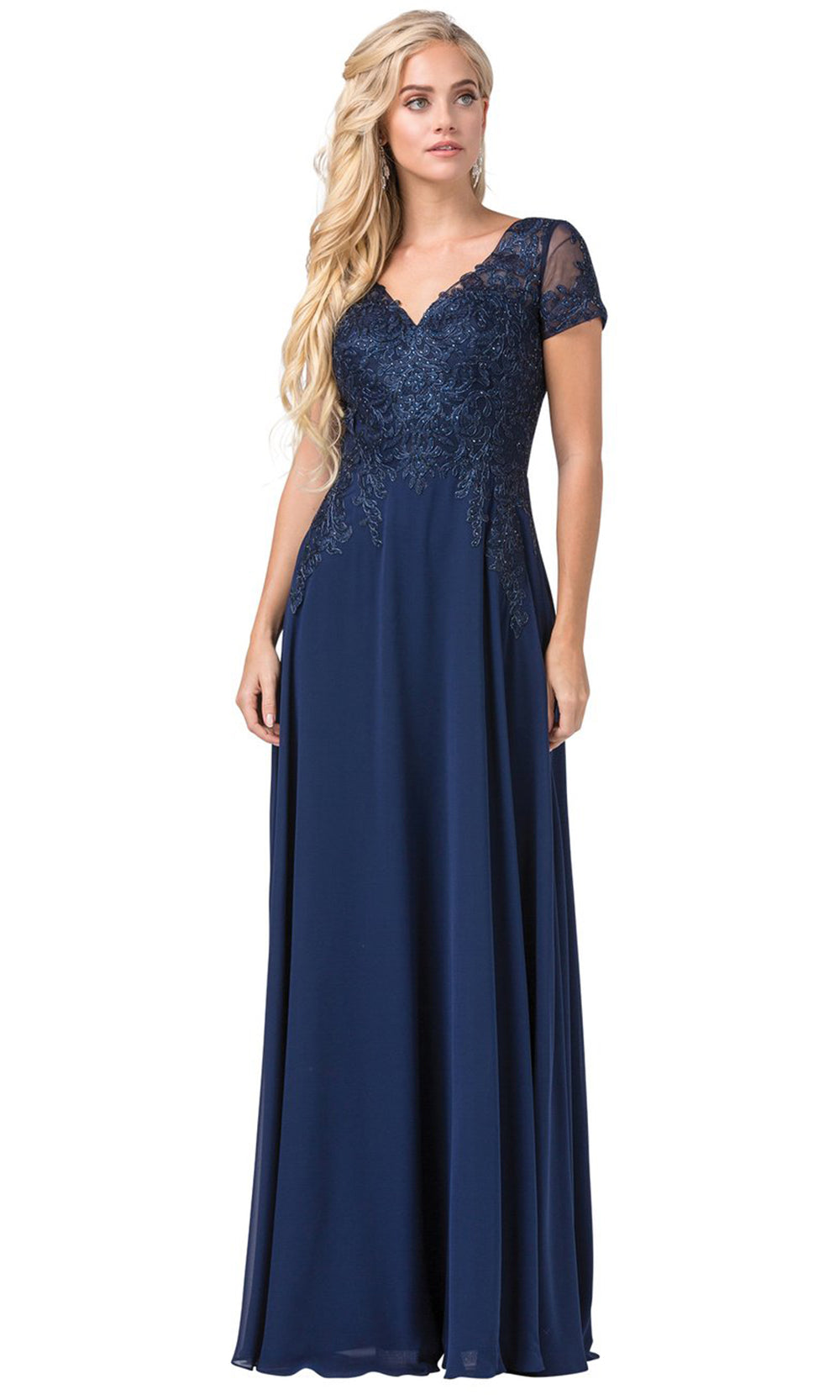Dancing Queen - 2757 Sheer Short Sleeve Embroidered A-Line Dress In Blue