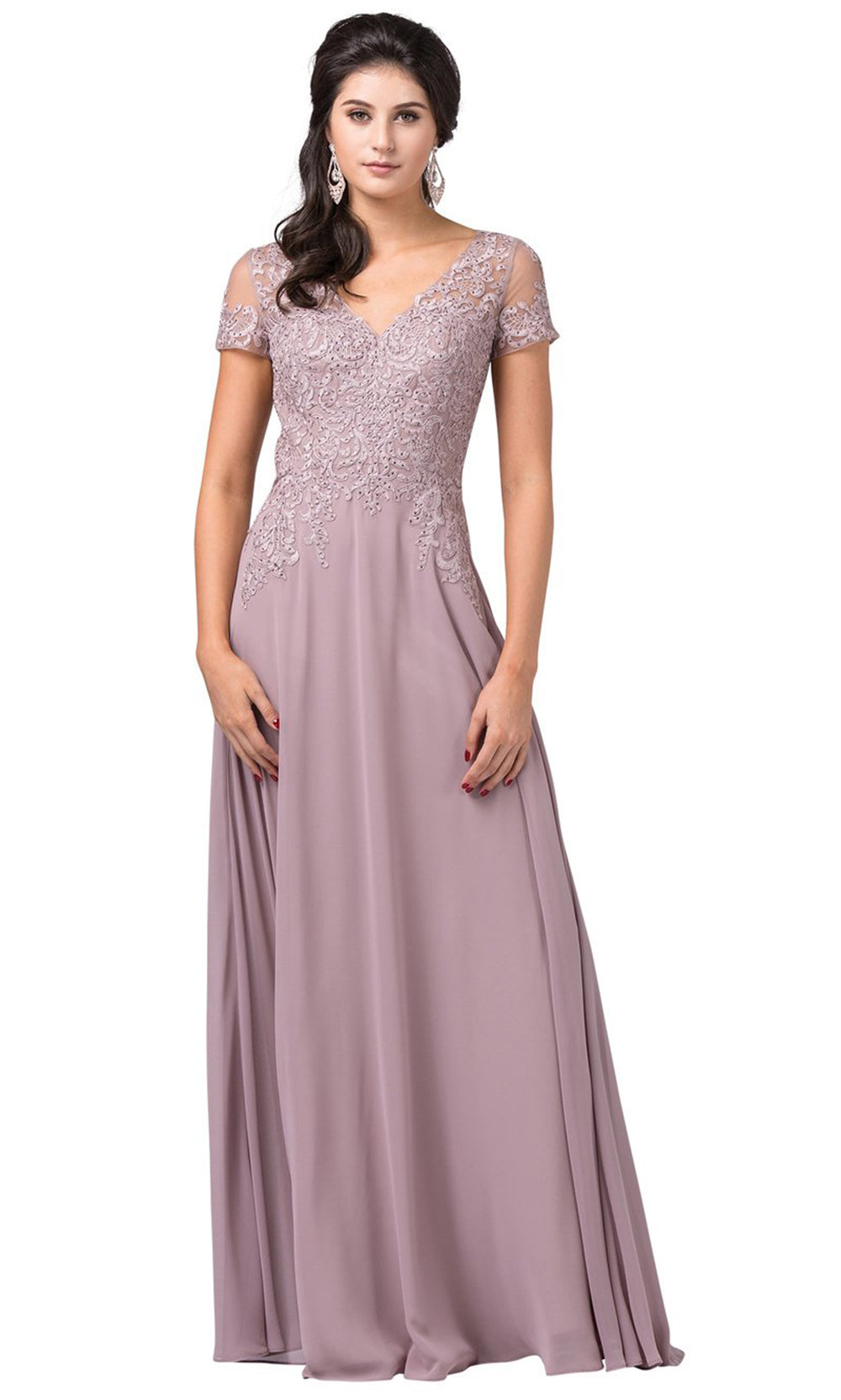 Dancing Queen - 2757 Sheer Short Sleeve Embroidered A-Line Dress In Pink