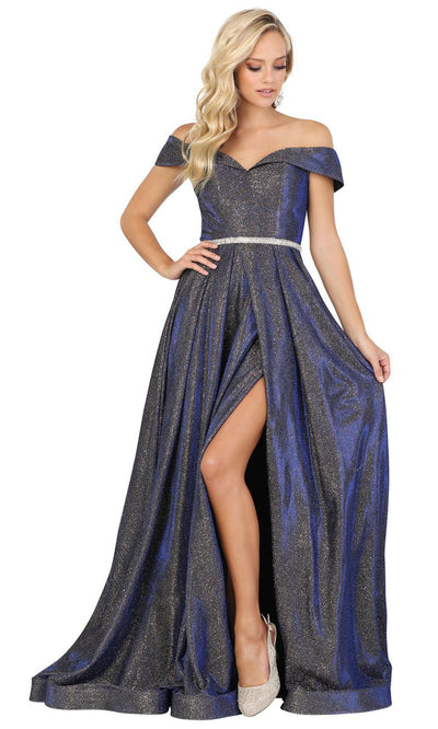 Dancing Queen - 2824 Off Shoulder Beaded Belt Shimmer A-Line Gown In Blue