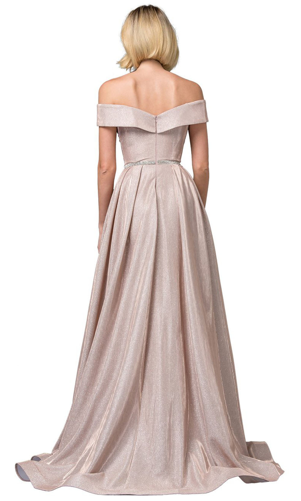 Dancing Queen - 2824 Off Shoulder Beaded Belt Shimmer A-Line Gown In Champagne & Gold