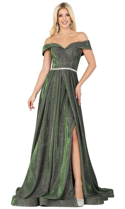 Dancing Queen - 2824 Off Shoulder Beaded Belt Shimmer A-Line Gown In Green