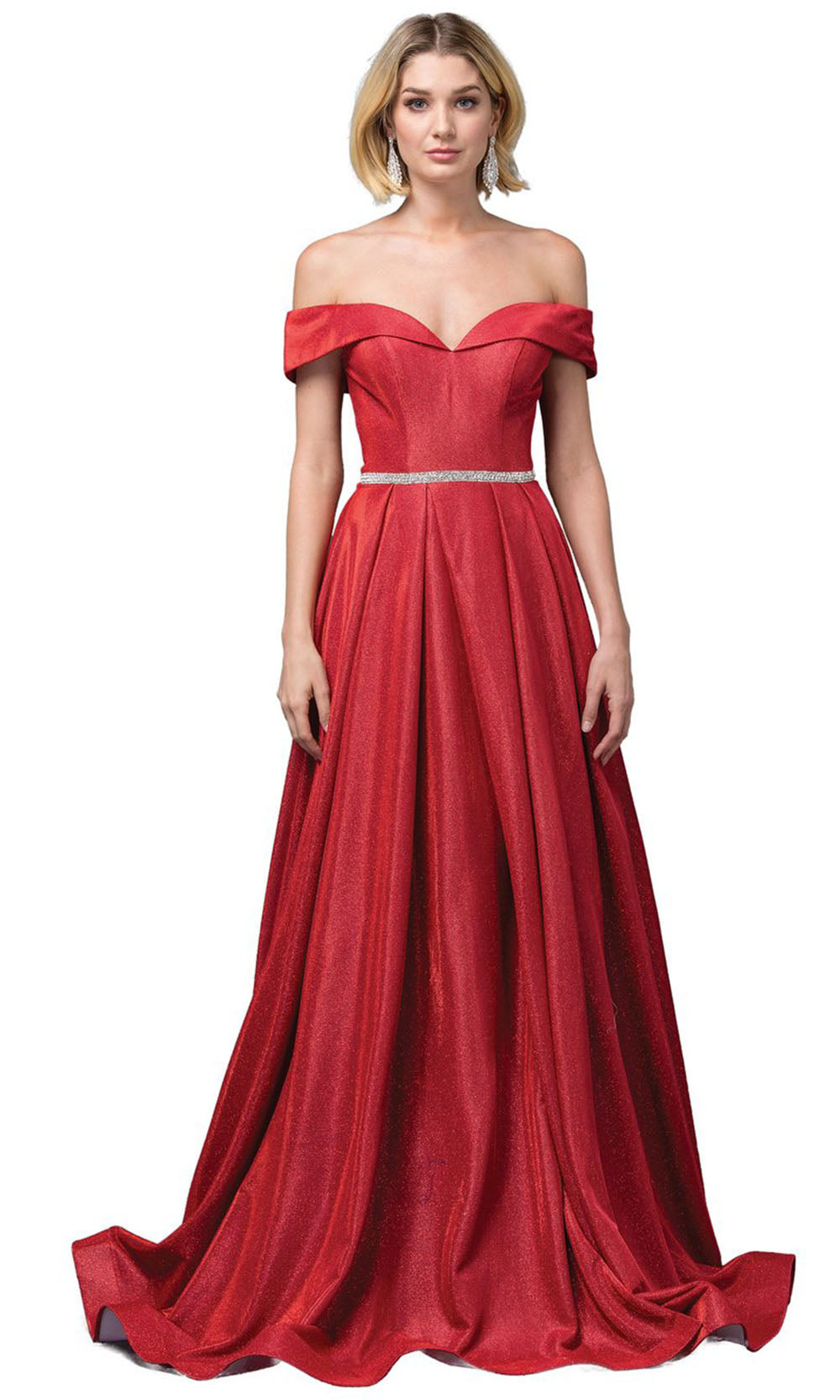 Dancing Queen - 2824 Off Shoulder Beaded Belt Shimmer A-Line Gown In Red