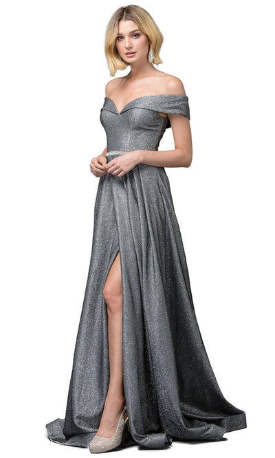 Dancing Queen - 2824 Off Shoulder Beaded Belt Shimmer A-Line Gown In Silver & Gray
