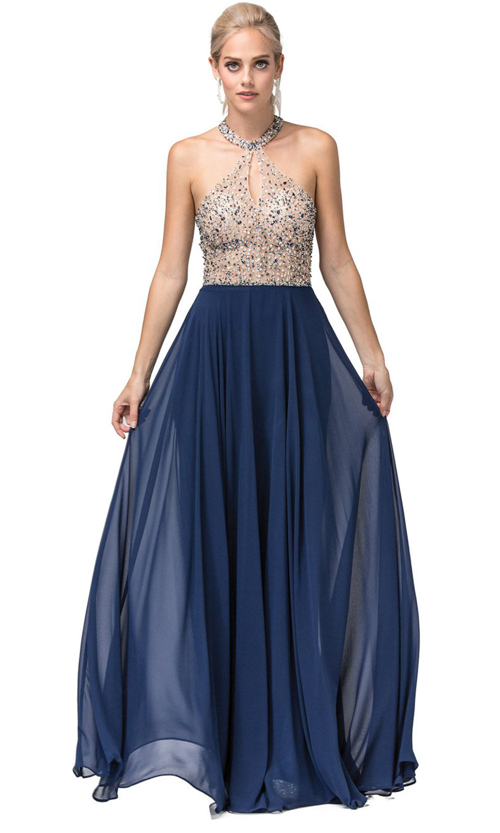 Dancing Queen - 2838 Bejeweled Cutout Halter A-Line Dress In Blue