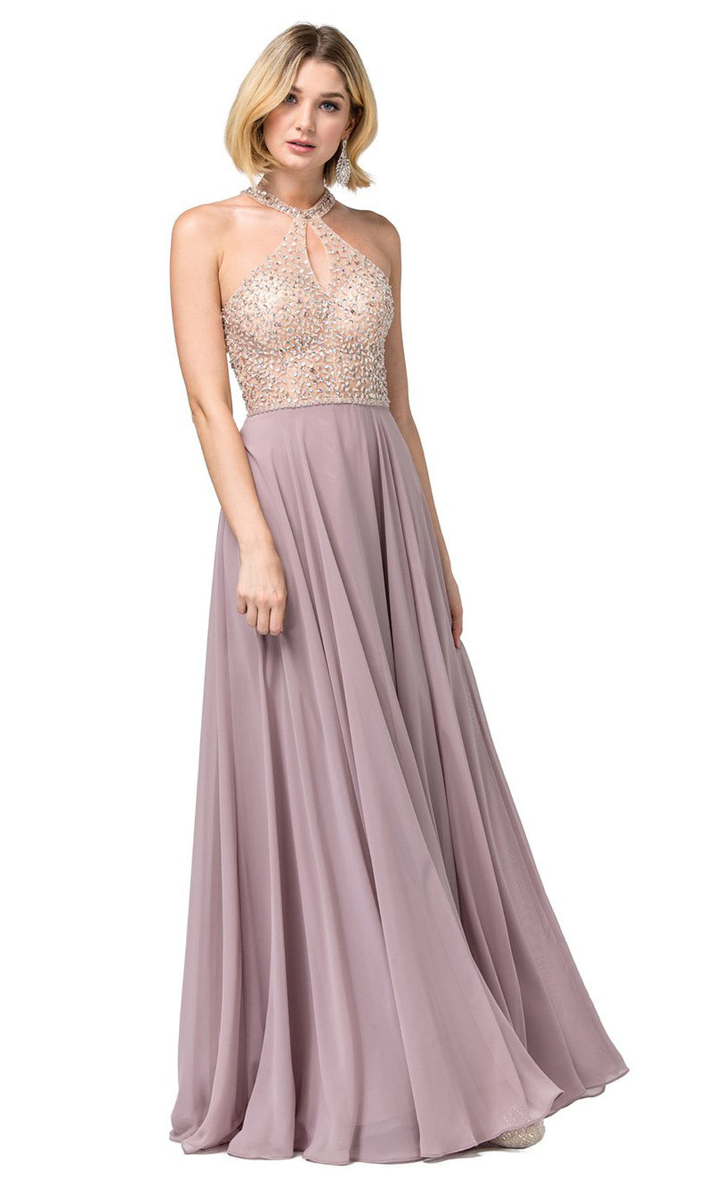 Dancing Queen - 2838 Bejeweled Cutout Halter A-Line Dress In Pink