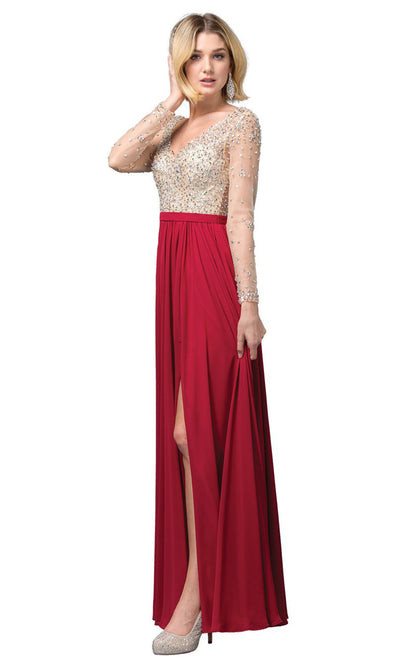 Dancing Queen - 2839 Jeweled Long Sleeve High Slit Dress In Burgundy