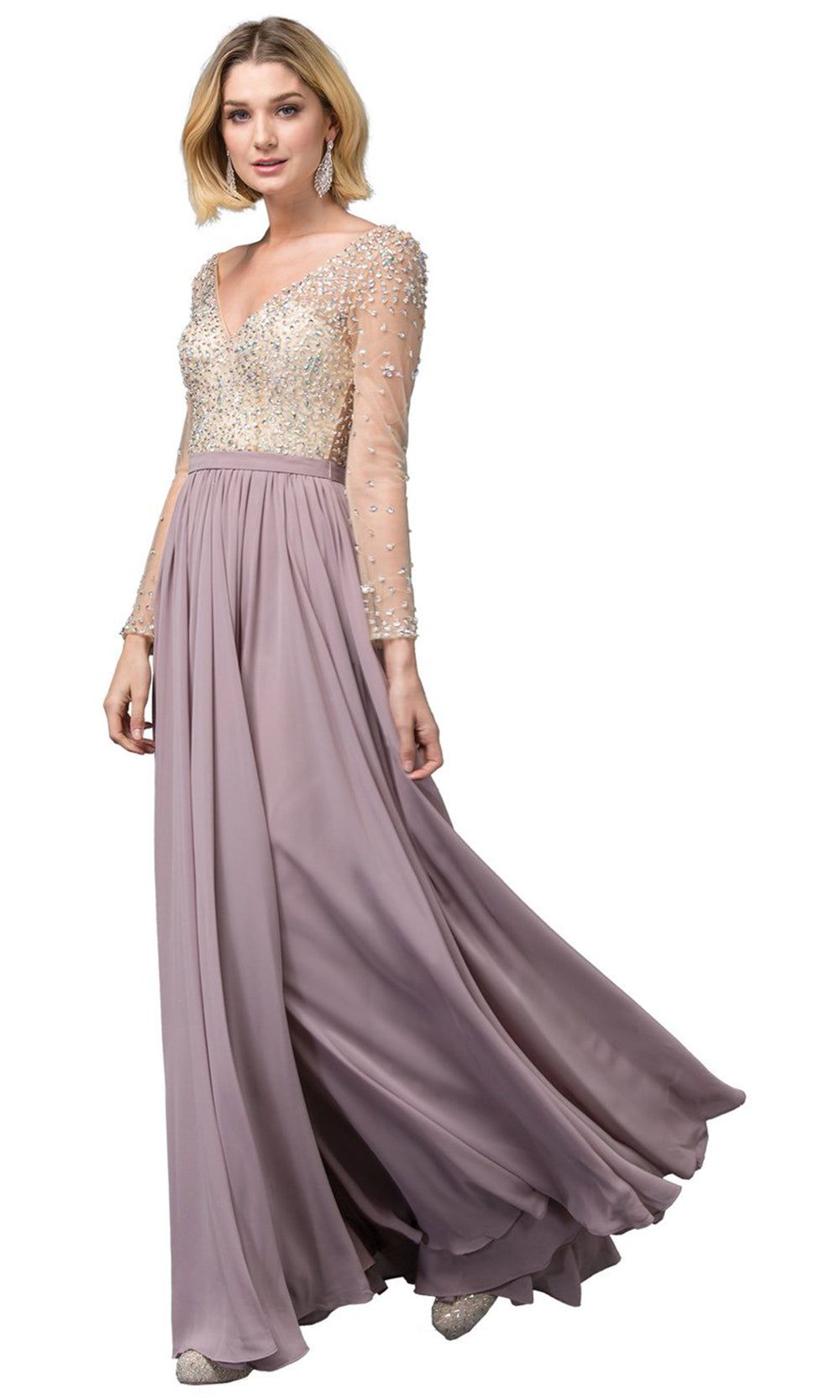 Dancing Queen - 2839 Jeweled Long Sleeve High Slit Dress In Pink