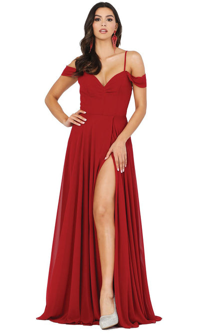 Dancing Queen - 2961 Sheer Lace Back Cold-Shoulders A-Line Gown In Burgundy