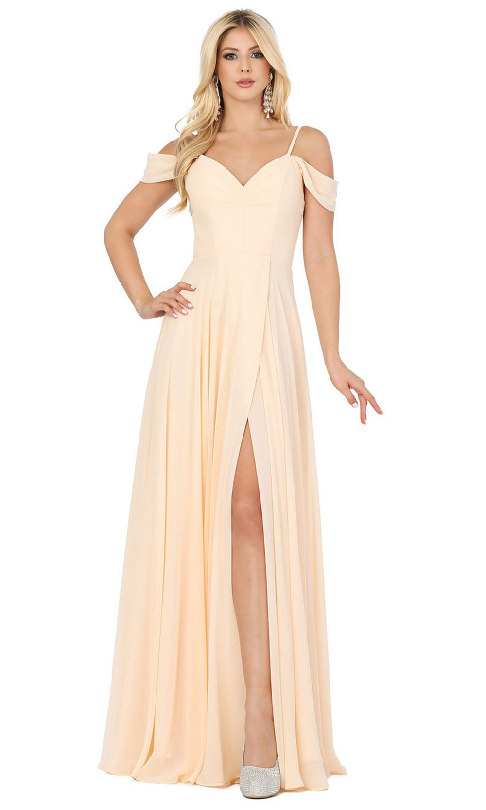 Dancing Queen - 2961 Sheer Lace Back Cold-Shoulders A-Line Gown In Champagne & Gold