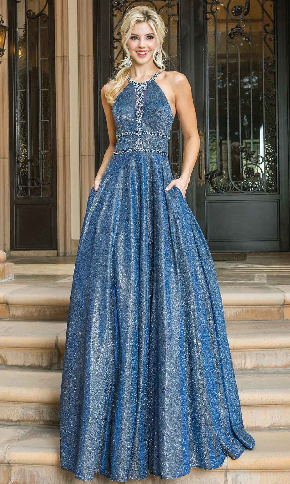 Dancing Queen - 4008 Embellished Halter Neck Long A-Line Gown In Blue