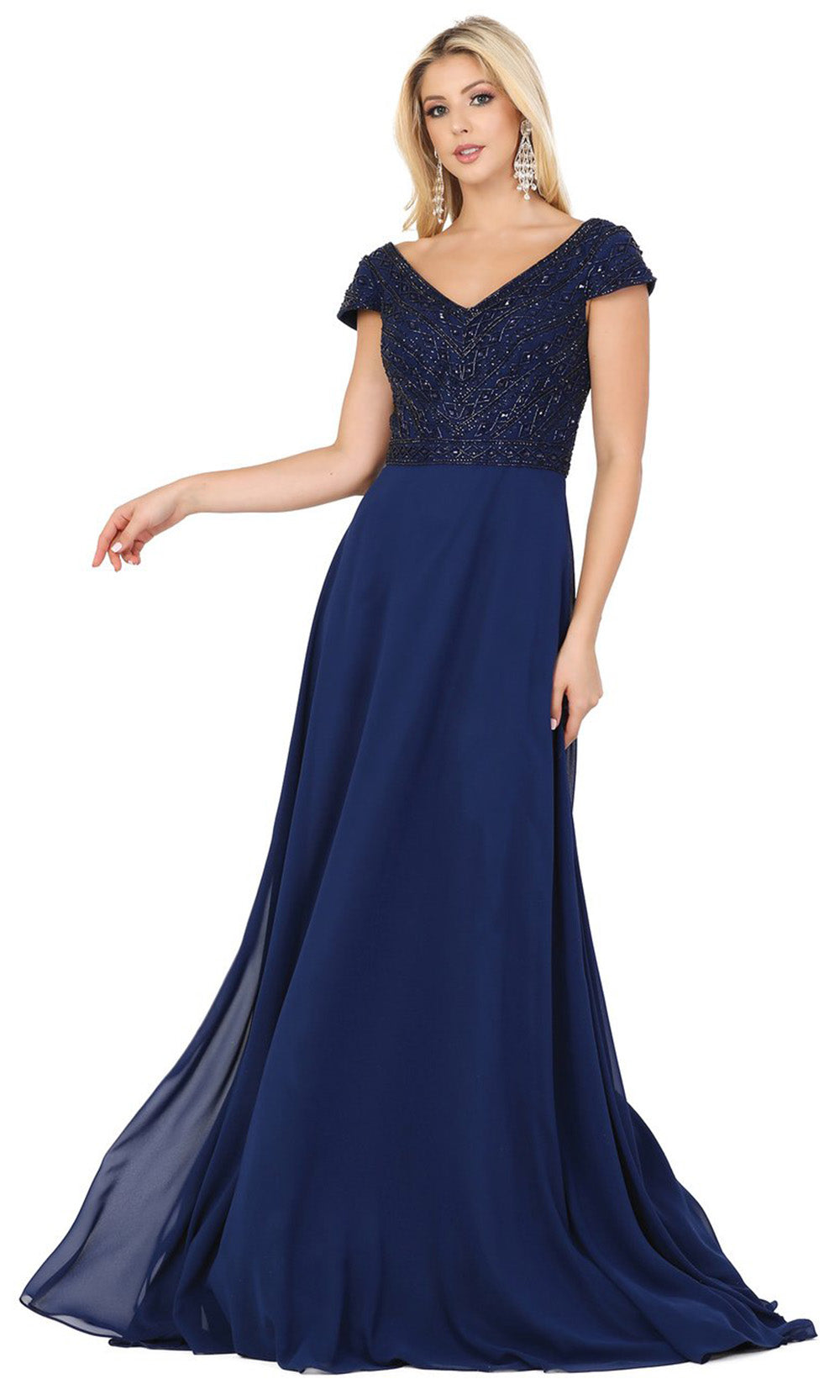 Dancing Queen - 4015 Cap Sleeve Beaded Bodice A-Line Dress In Blue