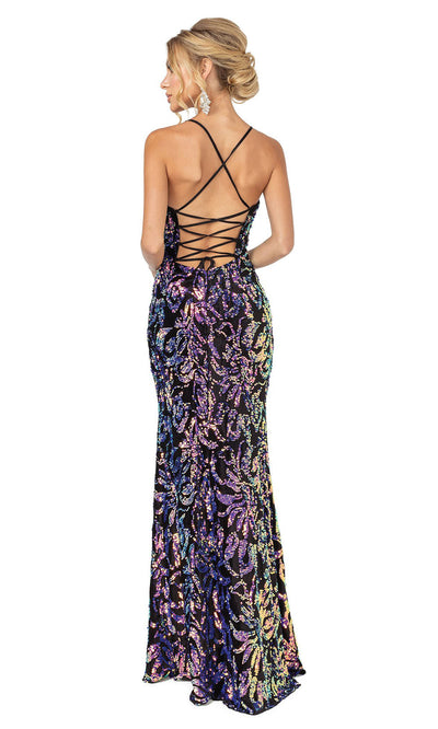 Dancing Queen - 4135 Strappy Open Back Sequined Long Dress In Black and Multi