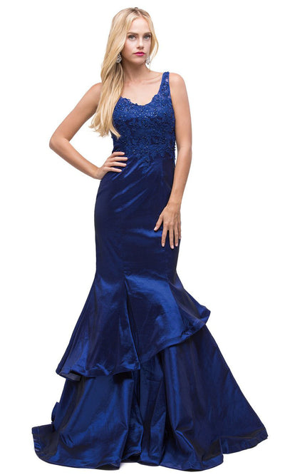 Dancing Queen - 9457 Sleeveless Appliqued Tiered Trumpet Dress In Blue