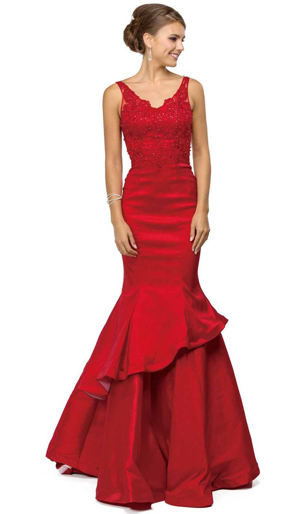 Dancing Queen - 9457 Sleeveless Appliqued Tiered Trumpet Dress In Red