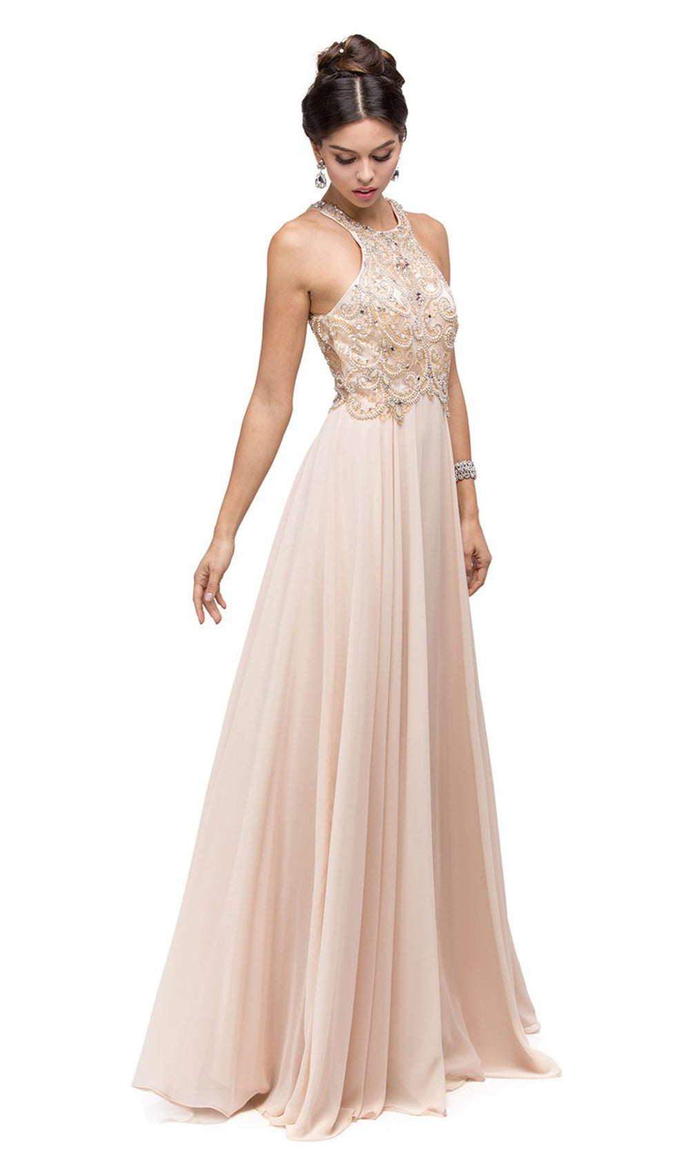 Dancing Queen - 9776 Beaded Halter Bodice A-Line Dress In Champagne & Gold