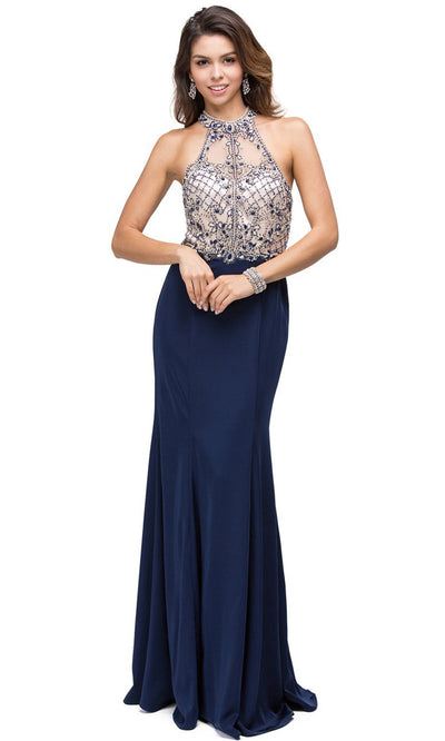 Dancing Queen - 9777 Illusion Embellished Bodice Sheath Dress In Blue