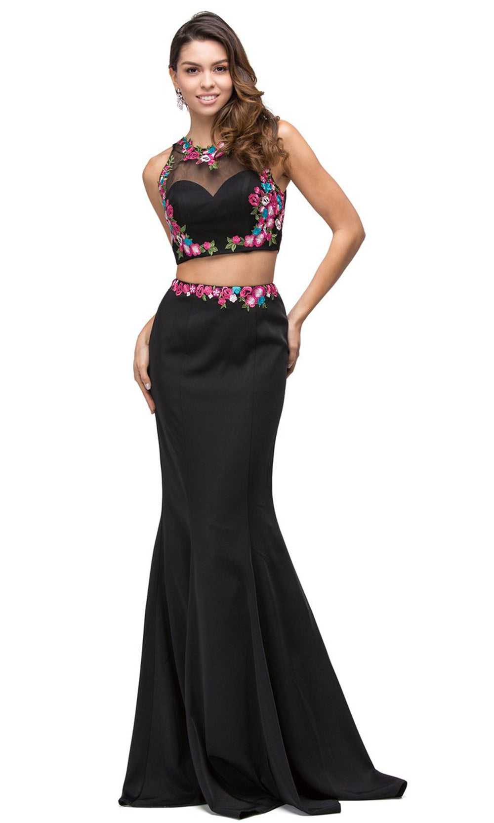 Dancing Queen - 9778 Two Piece Embroidered Mermaid Dress In Black and Pink